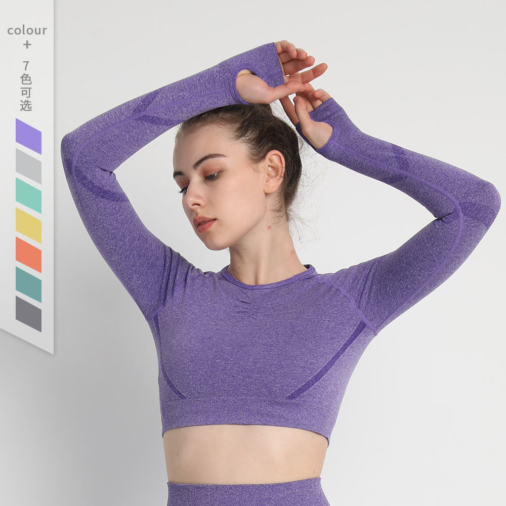 Explosive Seamless Tight Smiley Yoga Long Sleeve Women's High Elastic Pleated Quick-drying Solid Color Sports Top