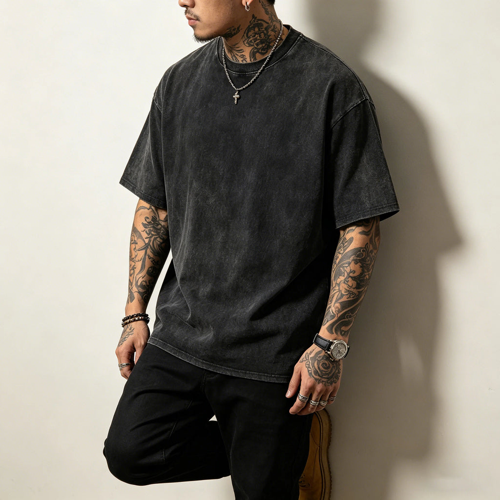 T-shirt rétro américain unisexe à manches courtes, couleur unie, style streetwear tendance, délavé et oversize pour l'été