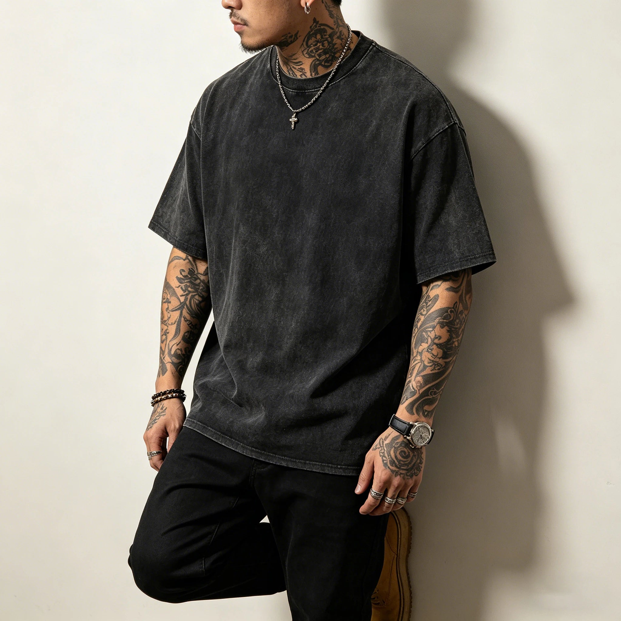 T-shirt rétro américain unisexe à manches courtes, couleur unie, style streetwear tendance, délavé et oversize pour l'été