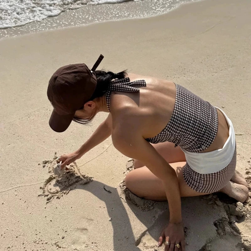 Maillot de bain deux pièces, Sexy, décolleté en V profond, Push Up, taille haute, à carreaux, contrôle du ventre, dos nu, pour les vacances à la plage, nouvelle collection
