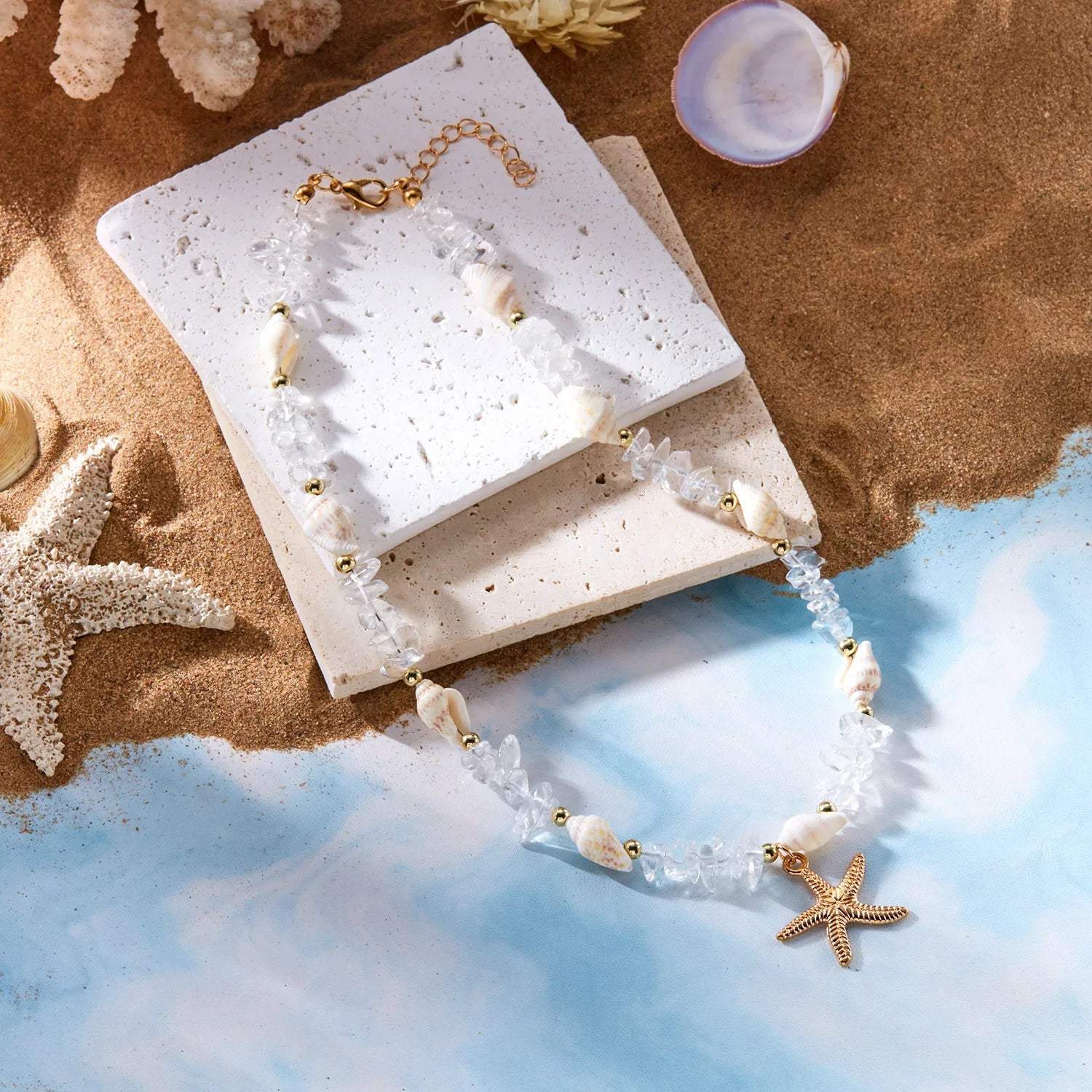 Colliers bohème avec pendentif étoile de mer et conque pour femmes, ras du cou en pierre irrégulière colorée, chaîne de cou pour filles, bijoux de fête sur la plage d'été