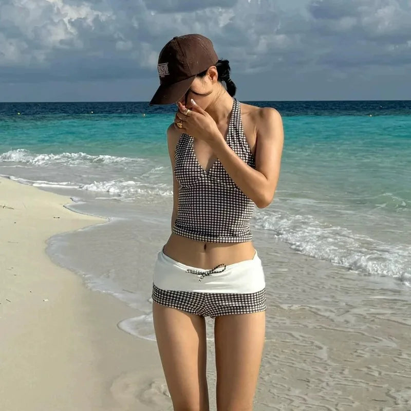 Maillot de bain deux pièces, Sexy, décolleté en V profond, Push Up, taille haute, à carreaux, contrôle du ventre, dos nu, pour les vacances à la plage, nouvelle collection