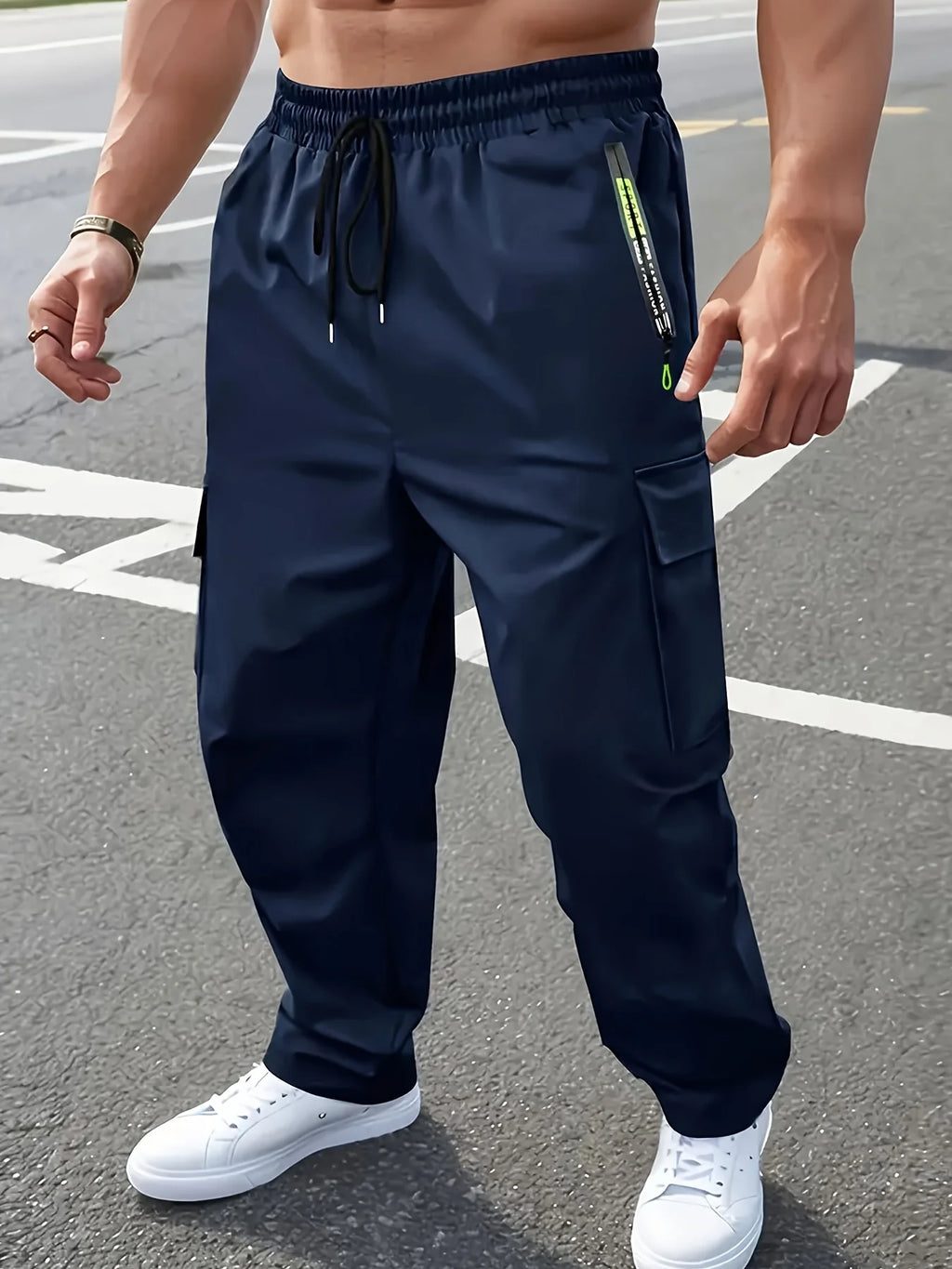 Pantalon Cargo Homme Tendance Urbaine Décontracté Multi-Poches Randonnée Extérieure Ample avec Cordon Élastique