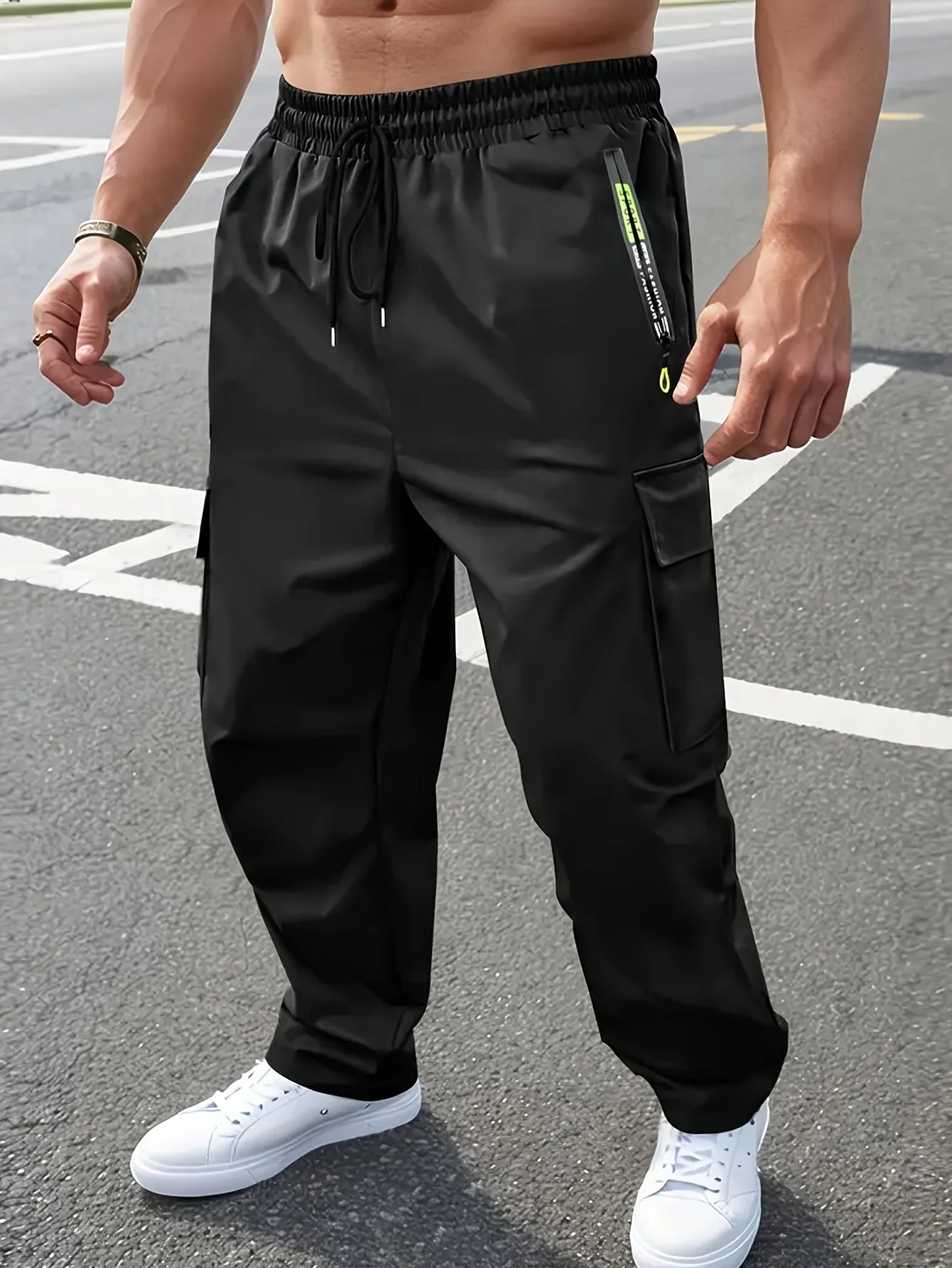 Pantalon Cargo Homme Tendance Urbaine Décontracté Multi-Poches Randonnée Extérieure Ample avec Cordon Élastique