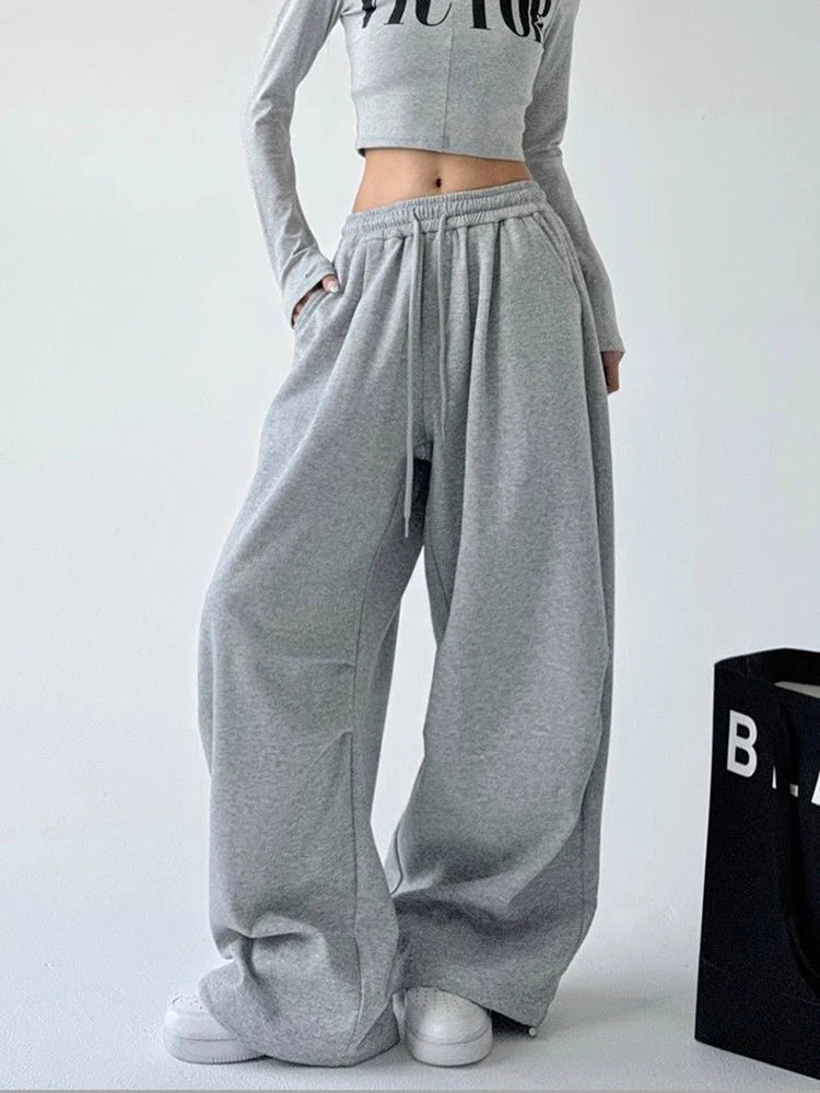 Y2K Harajuku pantalon de survêtement à jambes larges femmes Streetwear Baggy surdimensionné gris pantalon de sport taille haute cordon pantalon de jogging décontracté