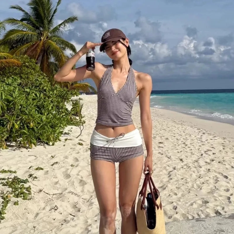 Maillot de bain deux pièces, Sexy, décolleté en V profond, Push Up, taille haute, à carreaux, contrôle du ventre, dos nu, pour les vacances à la plage, nouvelle collection