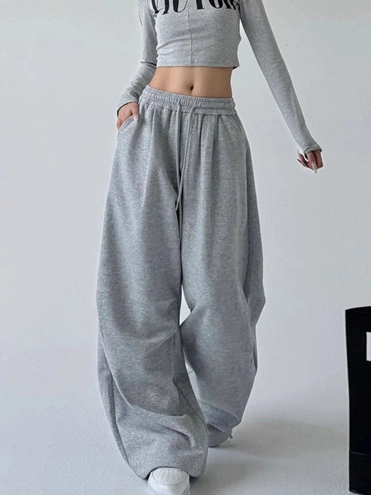 Y2K Harajuku pantalon de survêtement à jambes larges femmes Streetwear Baggy surdimensionné gris pantalon de sport taille haute cordon pantalon de jogging décontracté