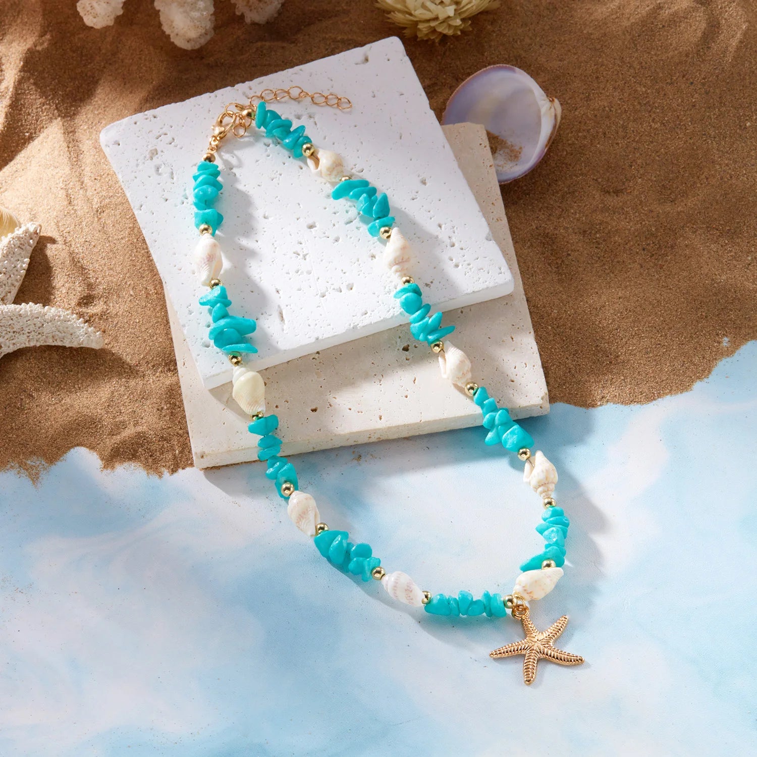 Colliers bohème avec pendentif étoile de mer et conque pour femmes, ras du cou en pierre irrégulière colorée, chaîne de cou pour filles, bijoux de fête sur la plage d'été