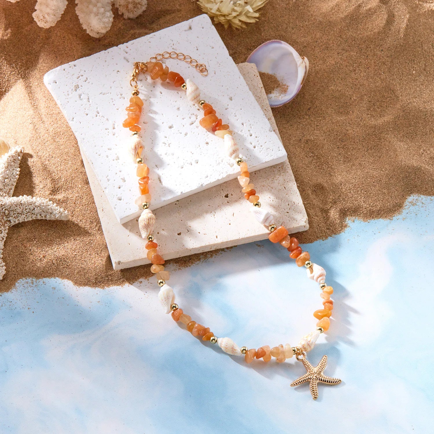 Colliers bohème avec pendentif étoile de mer et conque pour femmes, ras du cou en pierre irrégulière colorée, chaîne de cou pour filles, bijoux de fête sur la plage d'été