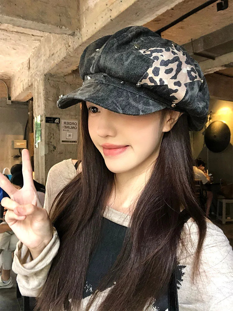 Y2K – bérets personnalisés avec autocollant étoile, Design à rivets, casquettes pour femmes, mode printemps et automne, chapeaux de journal polyvalents rétro tie-dye