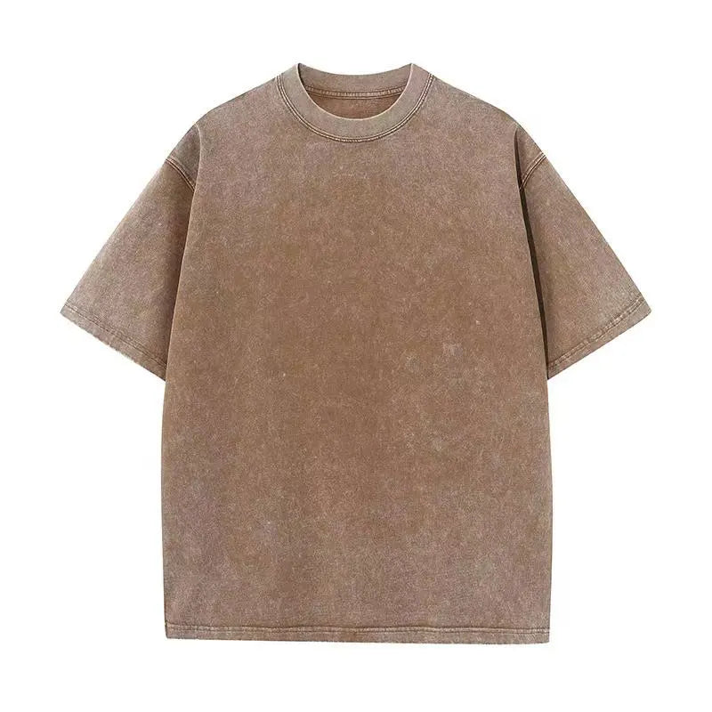 T-shirt rétro américain unisexe à manches courtes, couleur unie, style streetwear tendance, délavé et oversize pour l'été