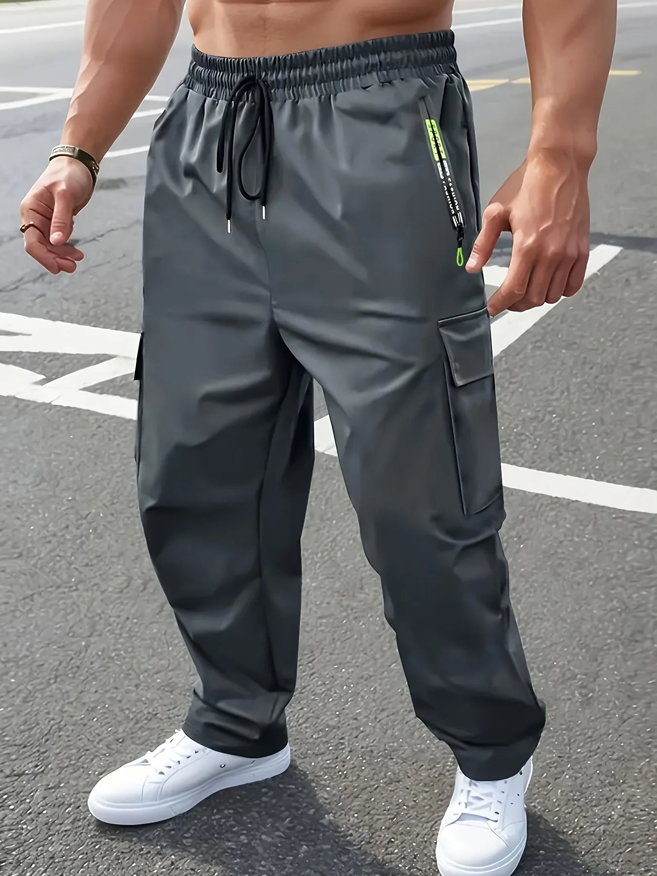 Pantalon Cargo Homme Tendance Urbaine Décontracté Multi-Poches Randonnée Extérieure Ample avec Cordon Élastique