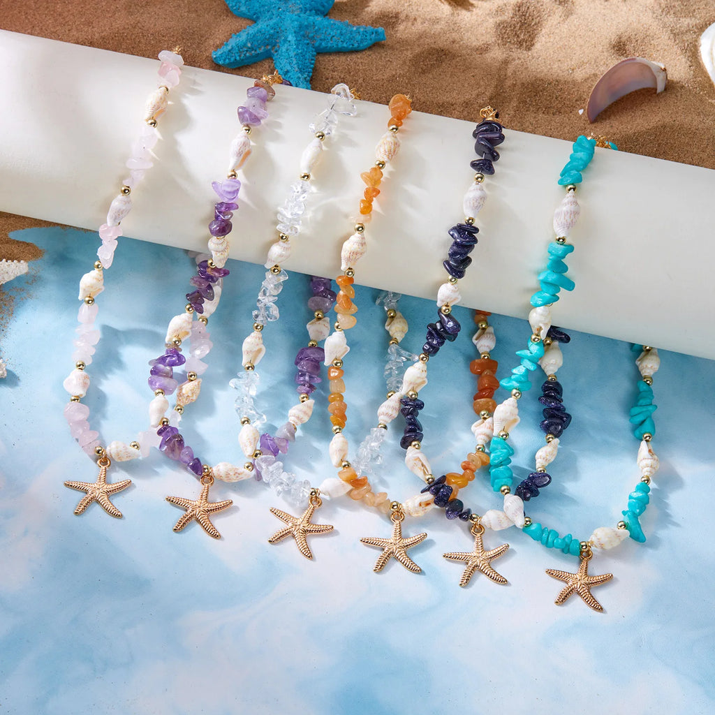 Colliers bohème avec pendentif étoile de mer et conque pour femmes, ras du cou en pierre irrégulière colorée, chaîne de cou pour filles, bijoux de fête sur la plage d'été