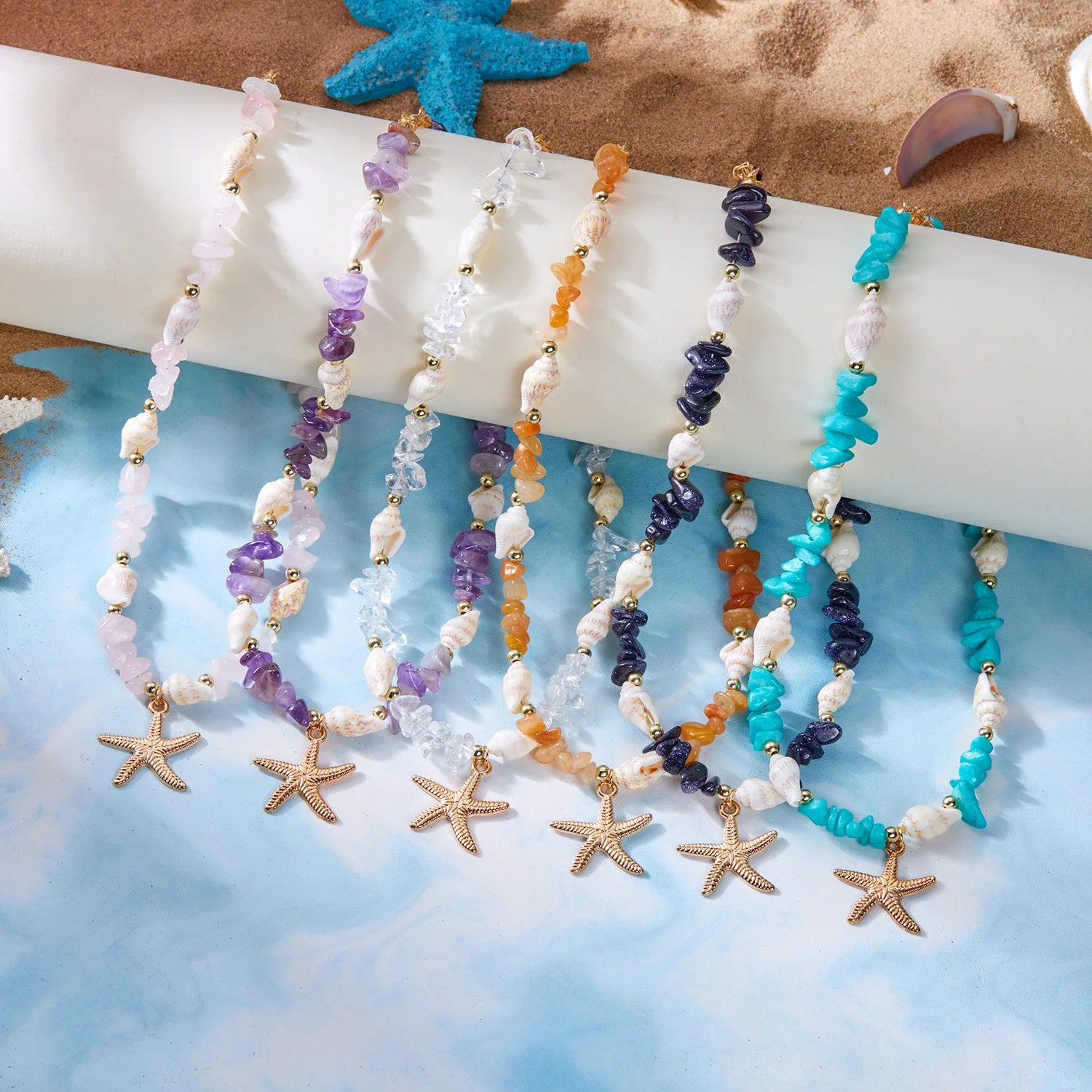 Colliers bohème avec pendentif étoile de mer et conque pour femmes, ras du cou en pierre irrégulière colorée, chaîne de cou pour filles, bijoux de fête sur la plage d'été