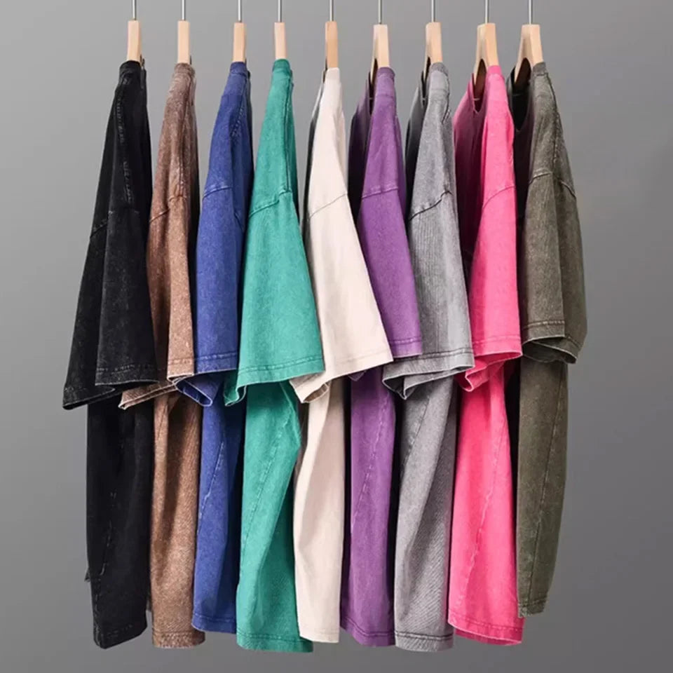 Style américain rétro lourd couleur unie à manches courtes T-shirt hommes femmes été rue à la mode lavé vieux vêtements surdimensionnés