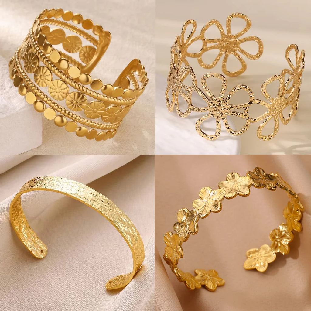 Bracelet à fleurs délicates en acier inoxydable, couleur or, manchette ouverte pour femmes, bijoux de mariage, accessoires de fête de vacances, cadeaux