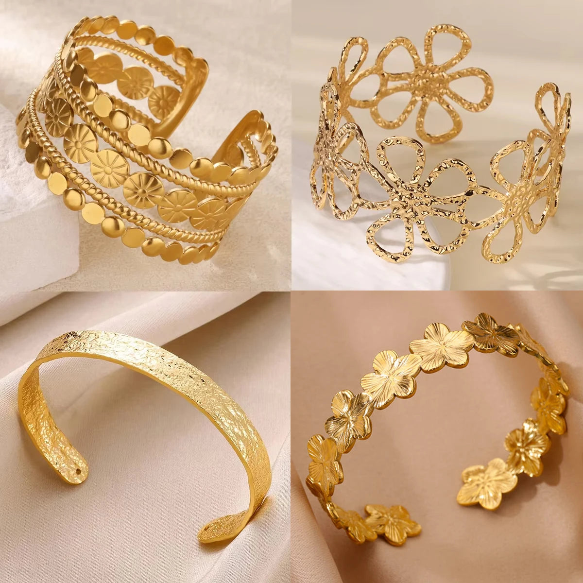 Bracelet à fleurs délicates en acier inoxydable, couleur or, manchette ouverte pour femmes, bijoux de mariage, accessoires de fête de vacances, cadeaux