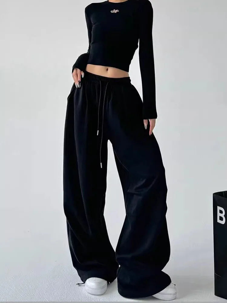 Y2K Harajuku pantalon de survêtement à jambes larges femmes Streetwear Baggy surdimensionné gris pantalon de sport taille haute cordon pantalon de jogging décontracté