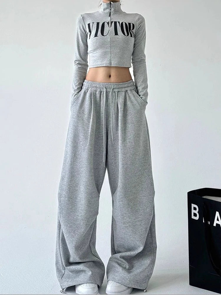 Y2K Harajuku pantalon de survêtement à jambes larges femmes Streetwear Baggy surdimensionné gris pantalon de sport taille haute cordon pantalon de jogging décontracté