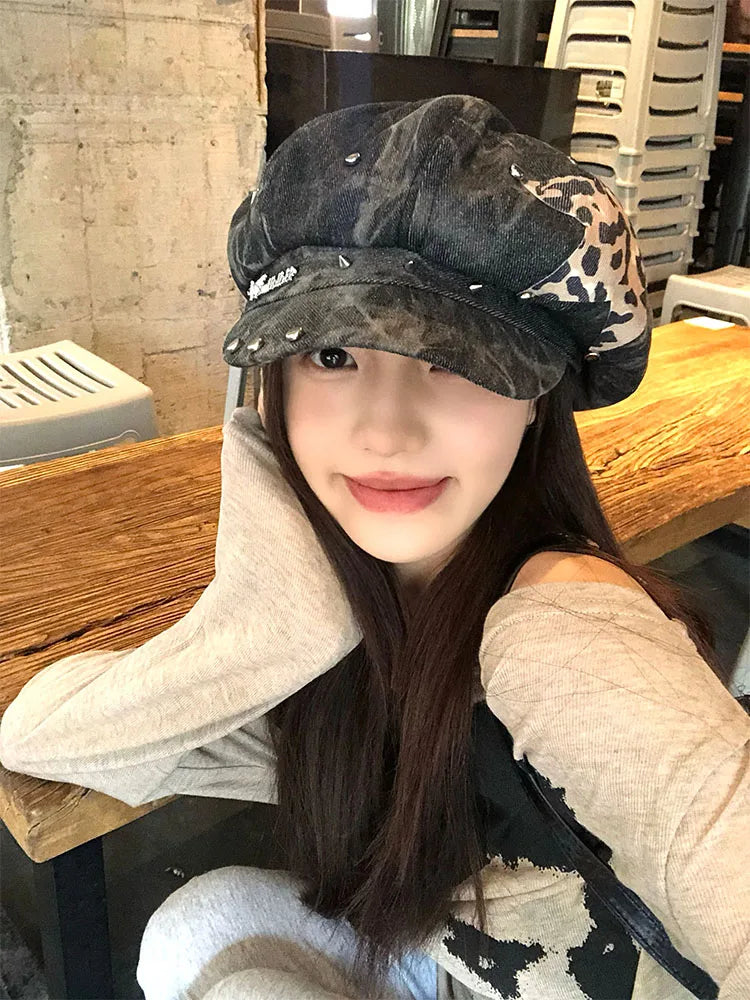 Y2K – bérets personnalisés avec autocollant étoile, Design à rivets, casquettes pour femmes, mode printemps et automne, chapeaux de journal polyvalents rétro tie-dye
