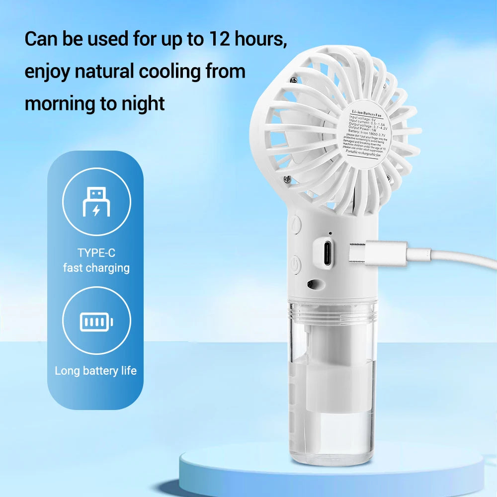    Ventilateur humidificateur portable, ventilateur à pulvérisation manuel, 4 vitesses de vent, rechargeable par USB, mini ventilateur à brume d'eau pour la chambre, l'extérieur et le camping