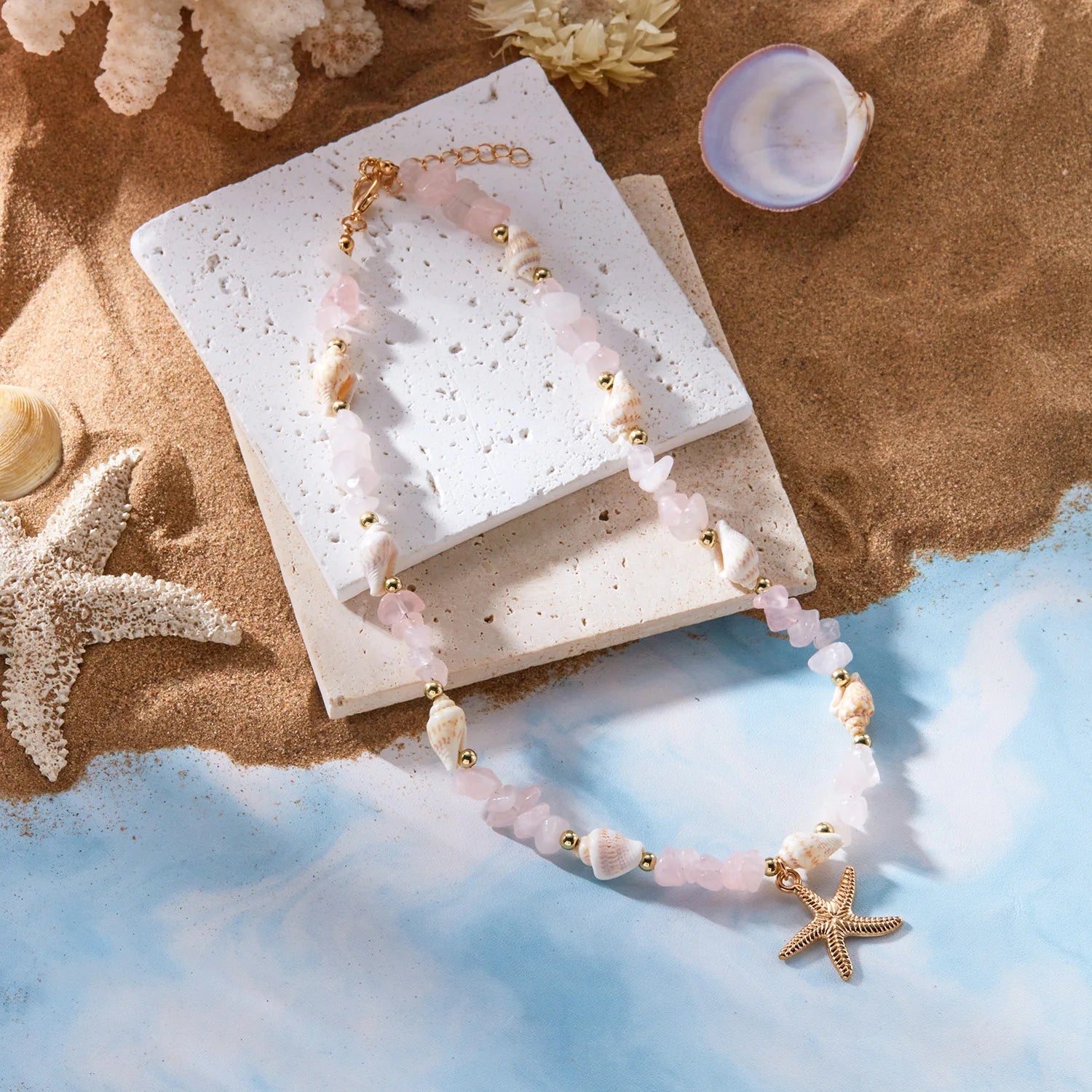 Colliers bohème avec pendentif étoile de mer et conque pour femmes, ras du cou en pierre irrégulière colorée, chaîne de cou pour filles, bijoux de fête sur la plage d'été