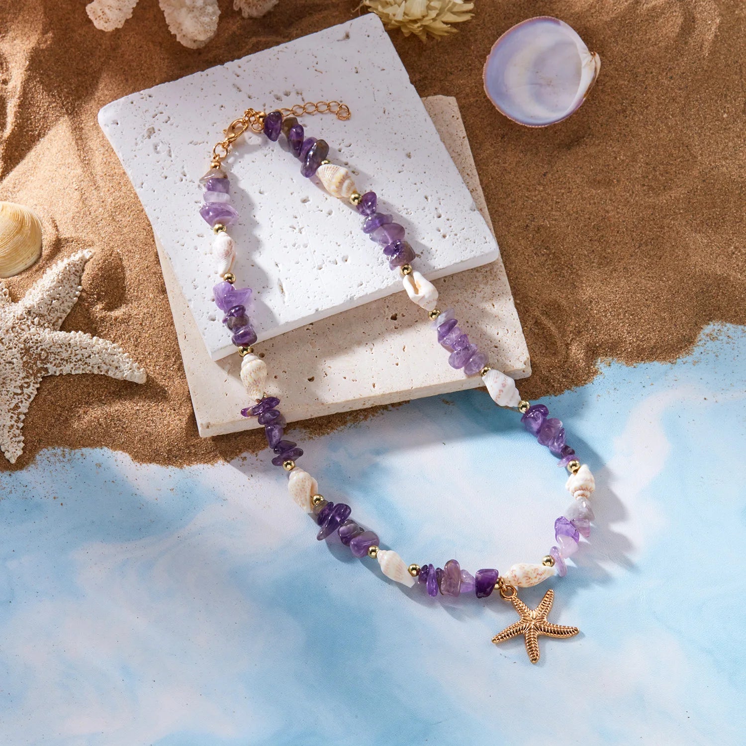 Colliers bohème avec pendentif étoile de mer et conque pour femmes, ras du cou en pierre irrégulière colorée, chaîne de cou pour filles, bijoux de fête sur la plage d'été