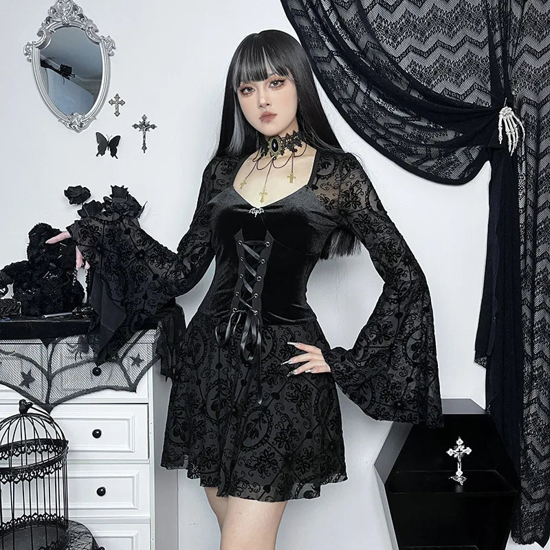 Goth Dark-Robe Gothique en Velours pour Femme, Tenue de Soirée Élégante, Vintage, Style Punk, Grunge, Manches Évasées