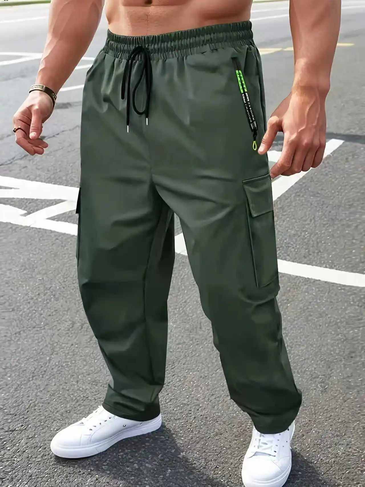Pantalon Cargo Homme Tendance Urbaine Décontracté Multi-Poches Randonnée Extérieure Ample avec Cordon Élastique