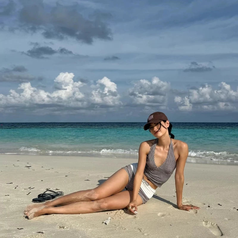 Maillot de bain deux pièces, Sexy, décolleté en V profond, Push Up, taille haute, à carreaux, contrôle du ventre, dos nu, pour les vacances à la plage, nouvelle collection