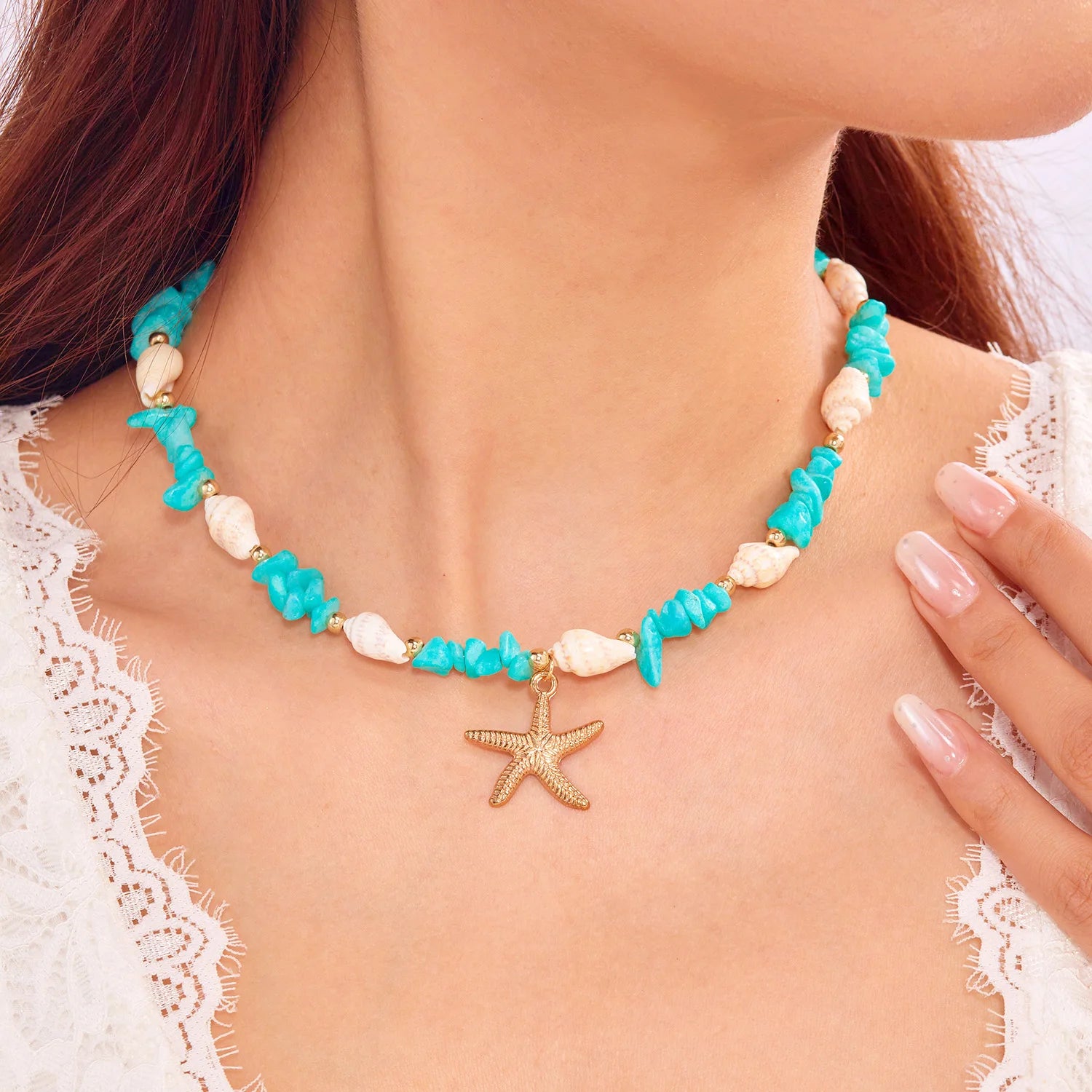 Colliers bohème avec pendentif étoile de mer et conque pour femmes, ras du cou en pierre irrégulière colorée, chaîne de cou pour filles, bijoux de fête sur la plage d'été