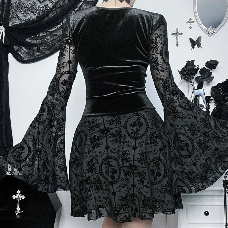 Goth Dark-Robe Gothique en Velours pour Femme, Tenue de Soirée Élégante, Vintage, Style Punk, Grunge, Manches Évasées
