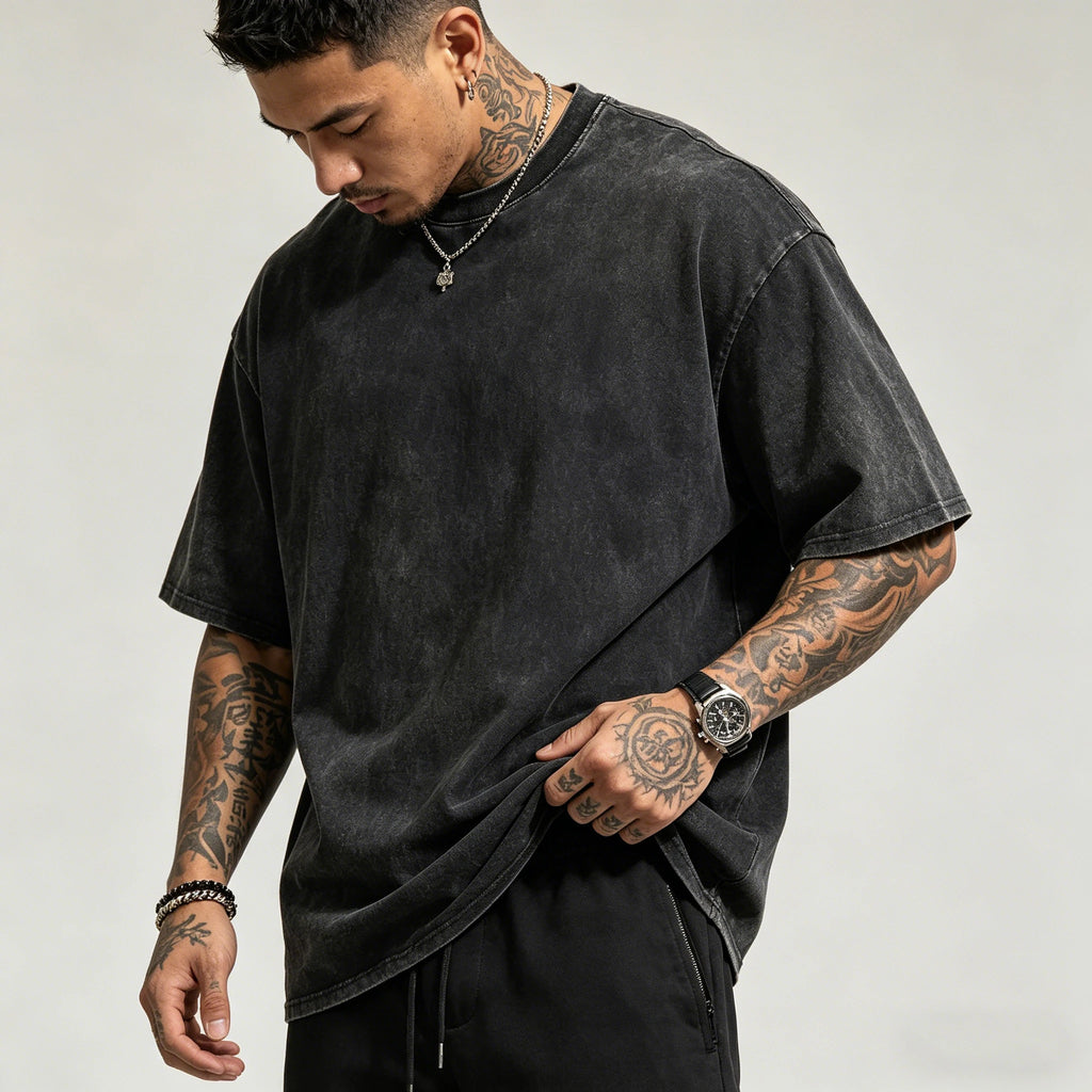 T-shirt rétro américain unisexe à manches courtes, couleur unie, style streetwear tendance, délavé et oversize pour l'été