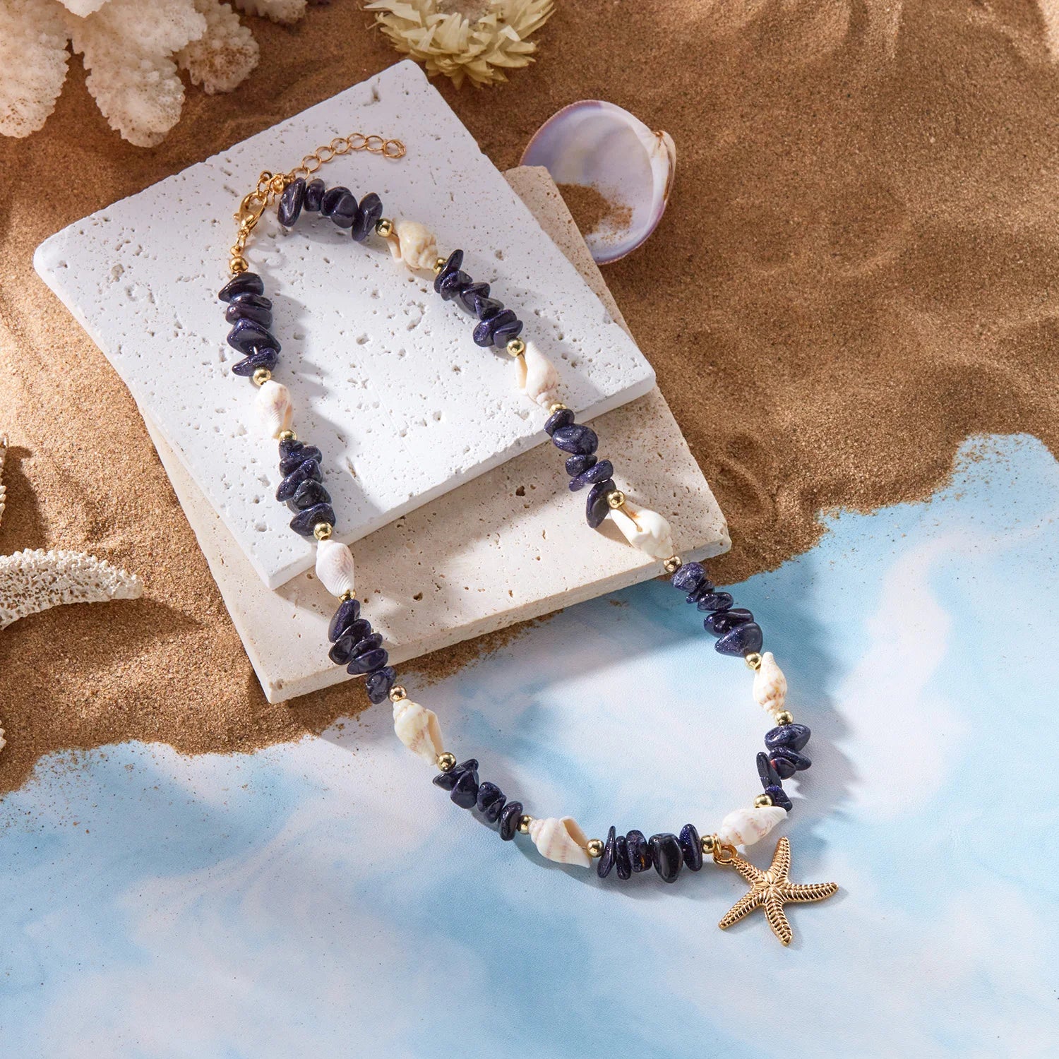 Colliers bohème avec pendentif étoile de mer et conque pour femmes, ras du cou en pierre irrégulière colorée, chaîne de cou pour filles, bijoux de fête sur la plage d'été