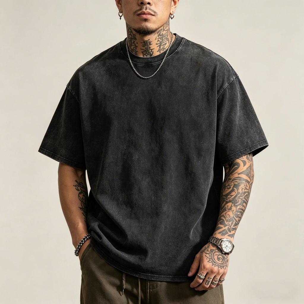 T-shirt rétro américain unisexe à manches courtes, couleur unie, style streetwear tendance, délavé et oversize pour l'été