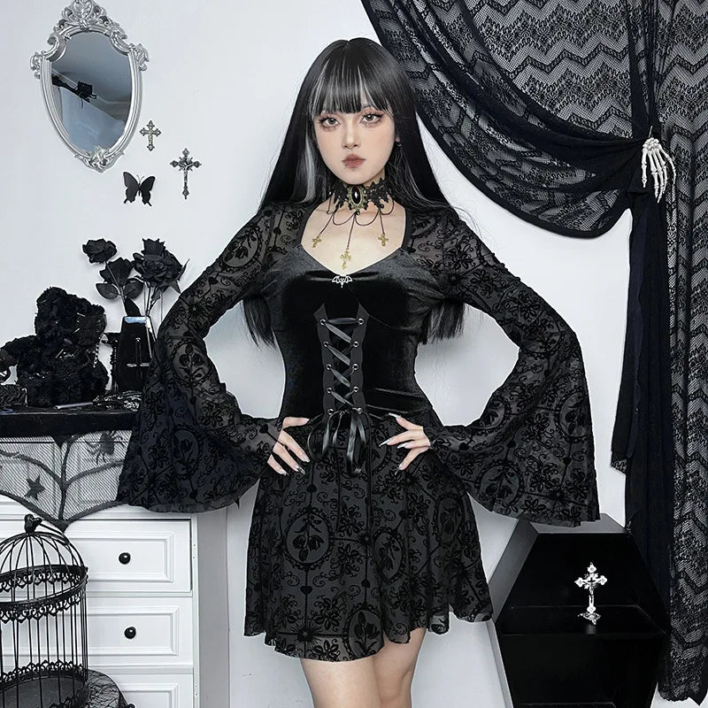 Goth Dark-Robe Gothique en Velours pour Femme, Tenue de Soirée Élégante, Vintage, Style Punk, Grunge, Manches Évasées