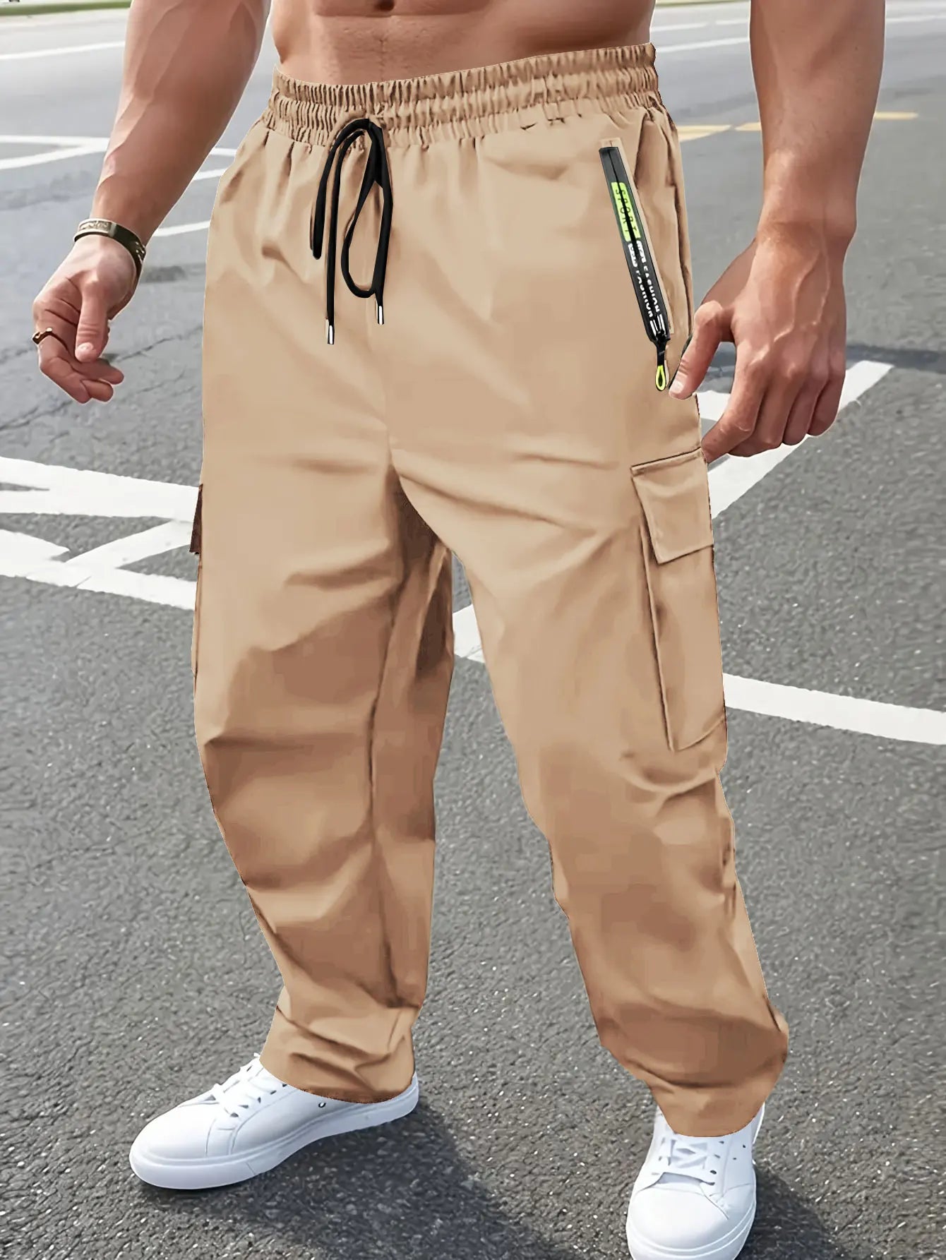 Pantalon Cargo Homme Tendance Urbaine Décontracté Multi-Poches Randonnée Extérieure Ample avec Cordon Élastique
