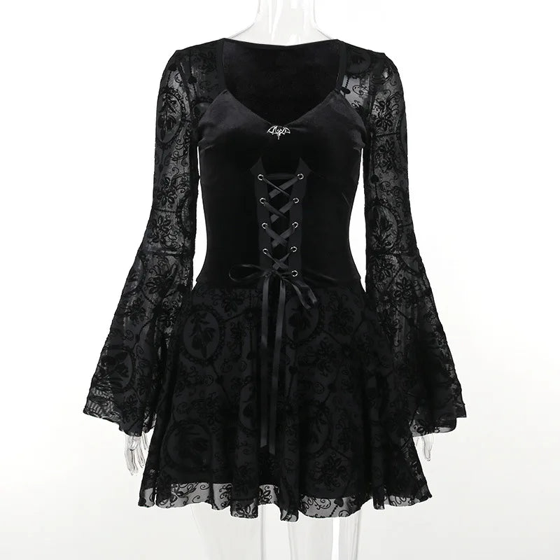 Goth Dark-Robe Gothique en Velours pour Femme, Tenue de Soirée Élégante, Vintage, Style Punk, Grunge, Manches Évasées