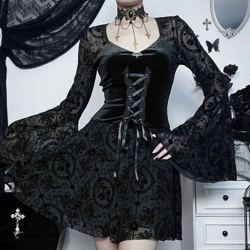 Goth Dark-Robe Gothique en Velours pour Femme, Tenue de Soirée Élégante, Vintage, Style Punk, Grunge, Manches Évasées